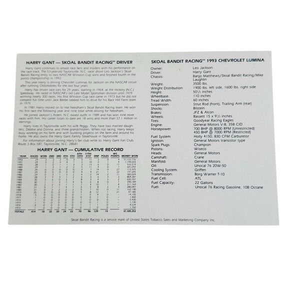 Harry Gant 9” x 6” Autographed NASCAR Hero Card #33 SKOAL Bandit Chevrolet - Picture 3 of 3